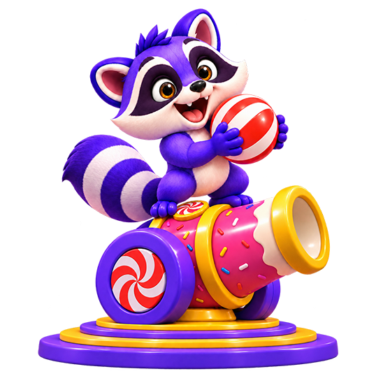 Candy Land raccoon character riding a candy cannon