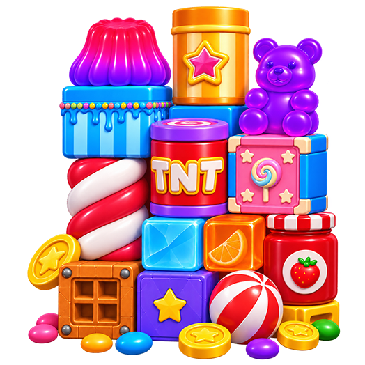Stack of colorful candy blocks and gummy bear